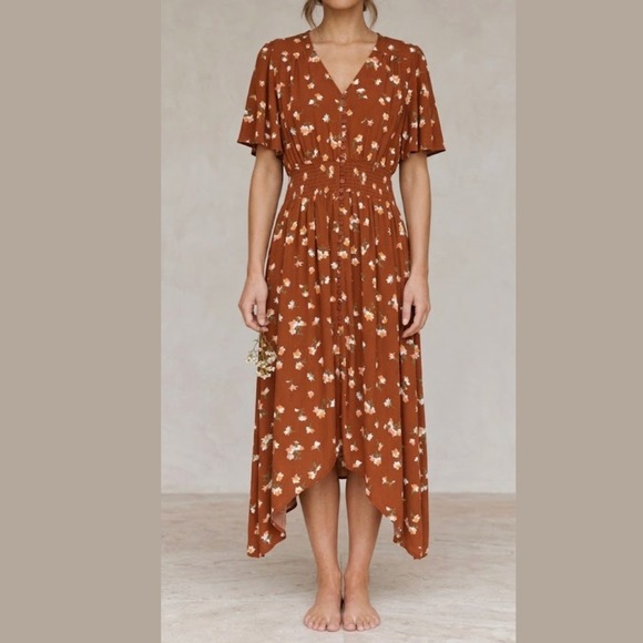 Wrangler Dresses & Skirts - Wrangler Womens Medium Midi Dress Rust Floral Boho Smocked Waist Button Front